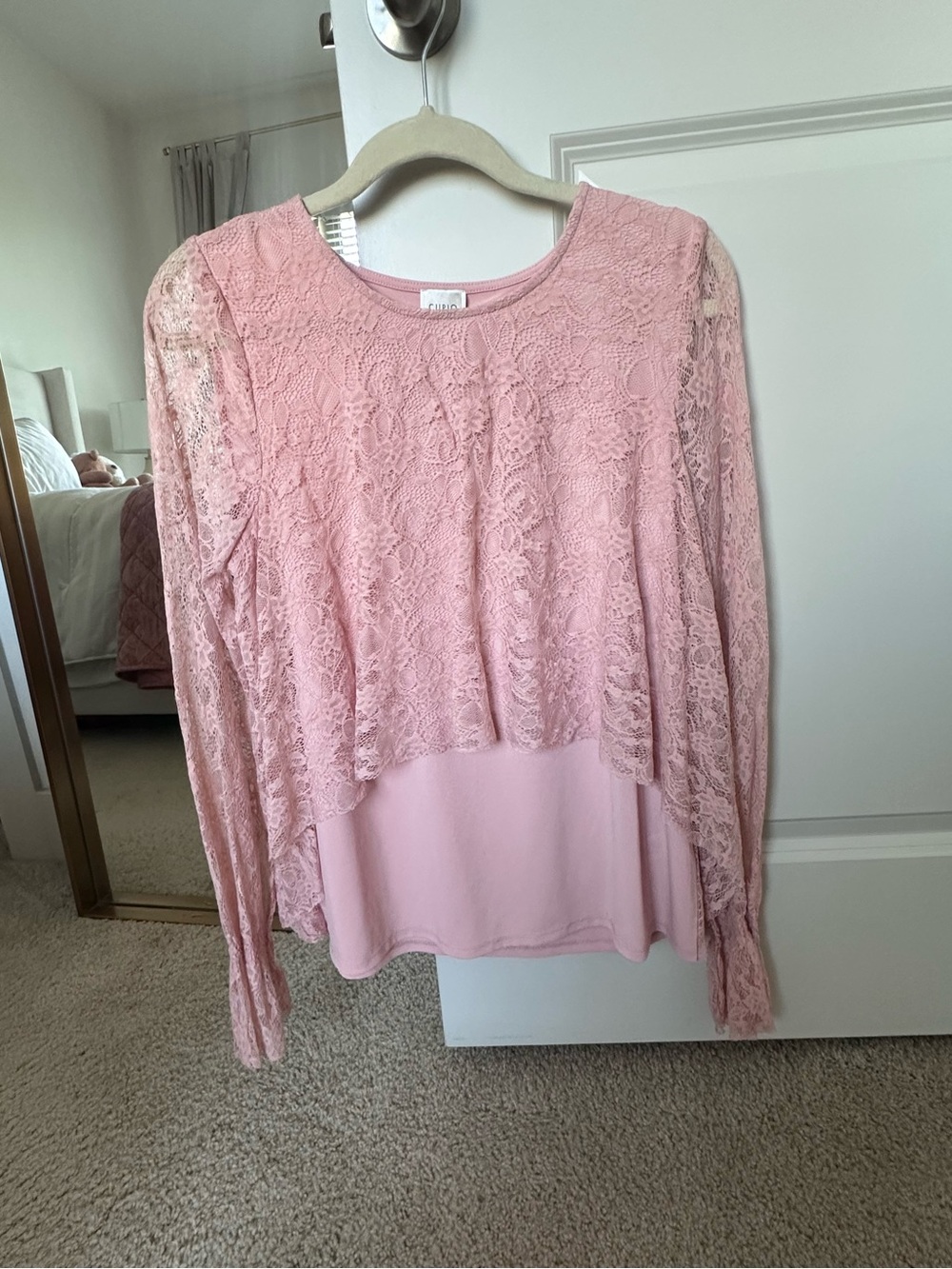 Cupio Blush Pink Lace Overlay Long Sleeve Top with Bell Sleeves